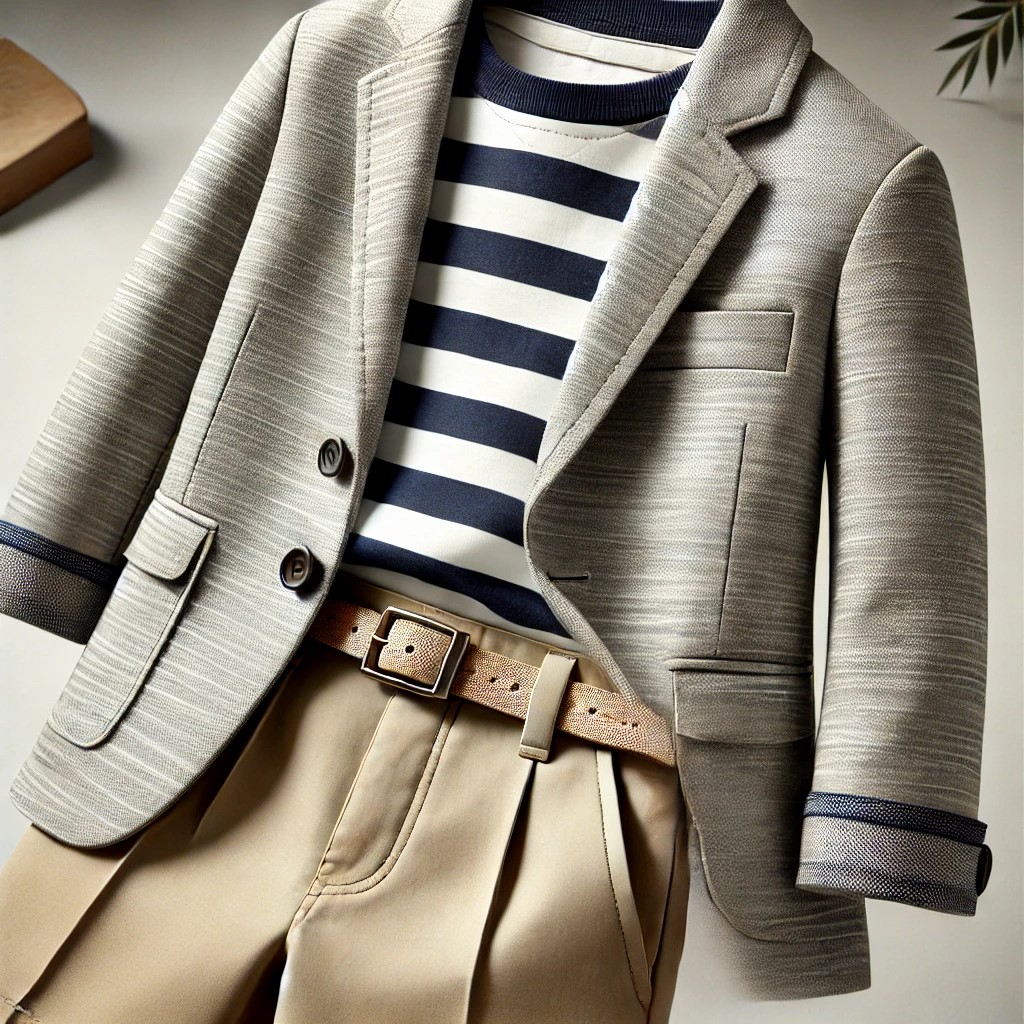 Light Grey Blazer, White-Blue Striped T-Shirt and Khaki Trouser Pants